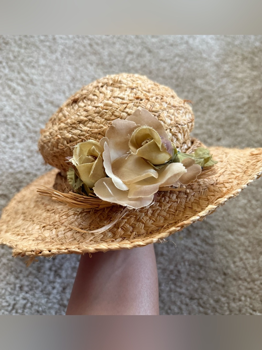 Vintage kids Straw Hat with Beige and Olive Floral Trim